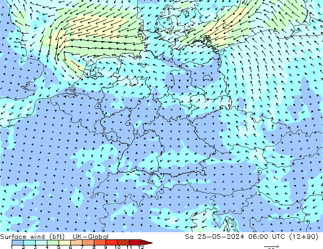 Wind 10 m (bft) UK-Global za 25.05.2024 06 UTC