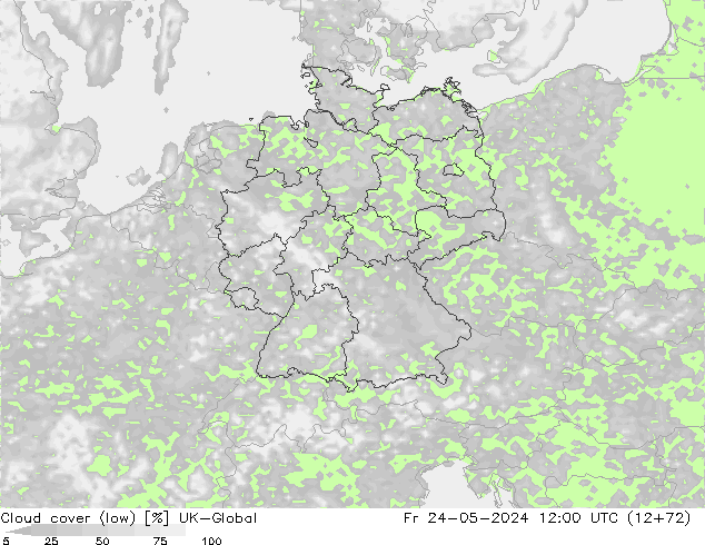 Cloud cover (low) UK-Global Fr 24.05.2024 12 UTC