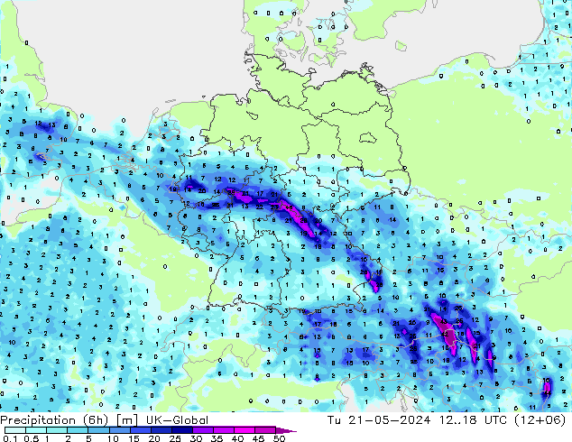 Precipitation (6h) UK-Global Út 21.05.2024 18 UTC