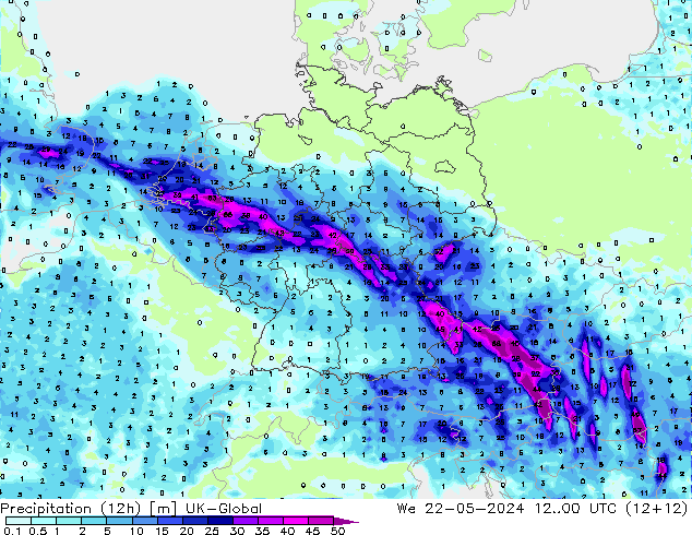 Precipitation (12h) UK-Global We 22.05.2024 00 UTC