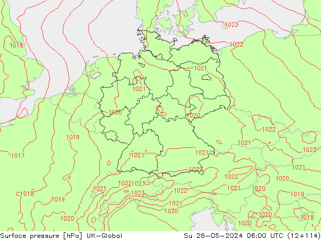 Pressione al suolo UK-Global dom 26.05.2024 06 UTC