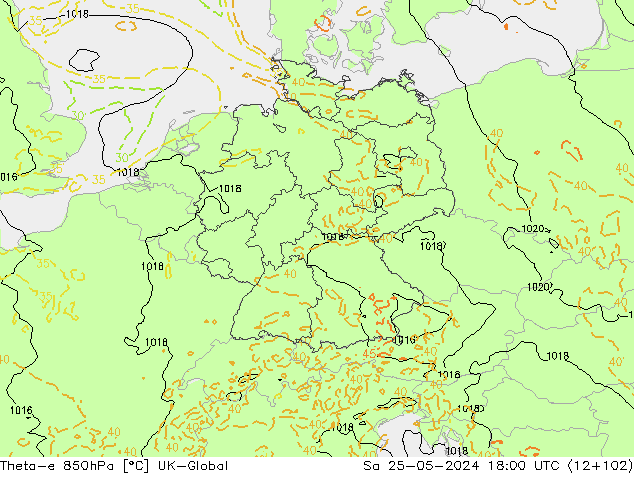 Theta-e 850hPa UK-Global so. 25.05.2024 18 UTC