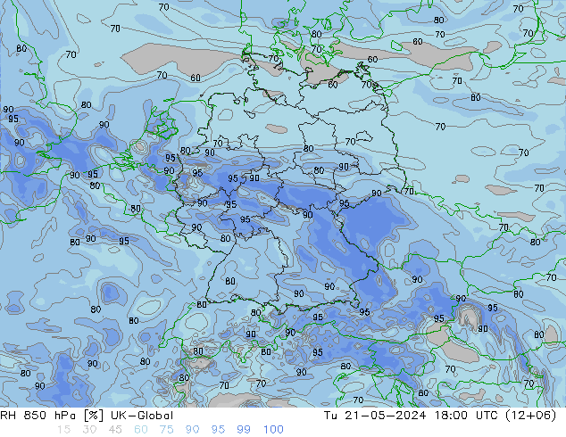 RH 850 hPa UK-Global 星期二 21.05.2024 18 UTC