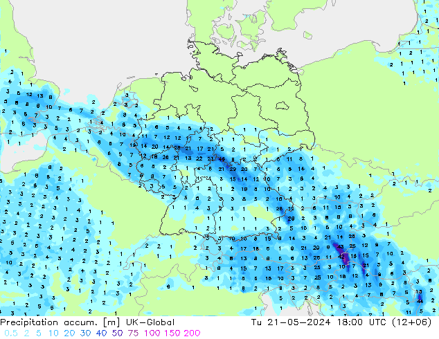 Precipitation accum. UK-Global Tu 21.05.2024 18 UTC