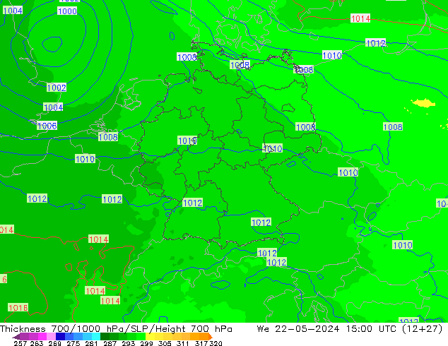 Thck 700-1000 hPa UK-Global mer 22.05.2024 15 UTC