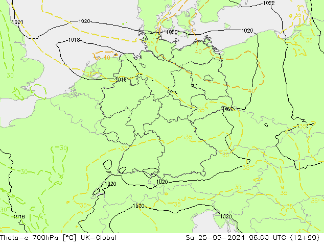 Theta-e 700hPa UK-Global Sa 25.05.2024 06 UTC