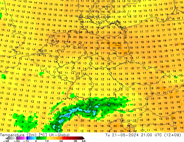 mapa temperatury (2m) UK-Global wto. 21.05.2024 21 UTC