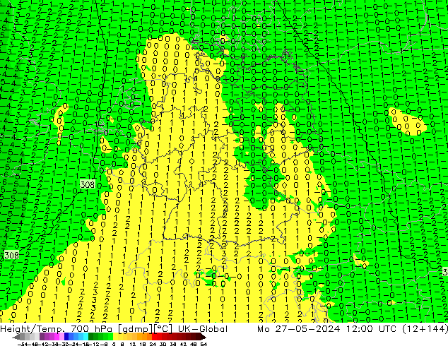 Height/Temp. 700 hPa UK-Global  27.05.2024 12 UTC