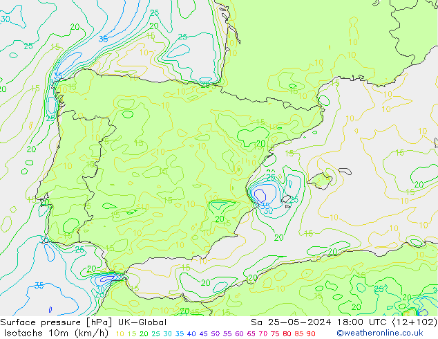 Isotachs (kph) UK-Global сб 25.05.2024 18 UTC