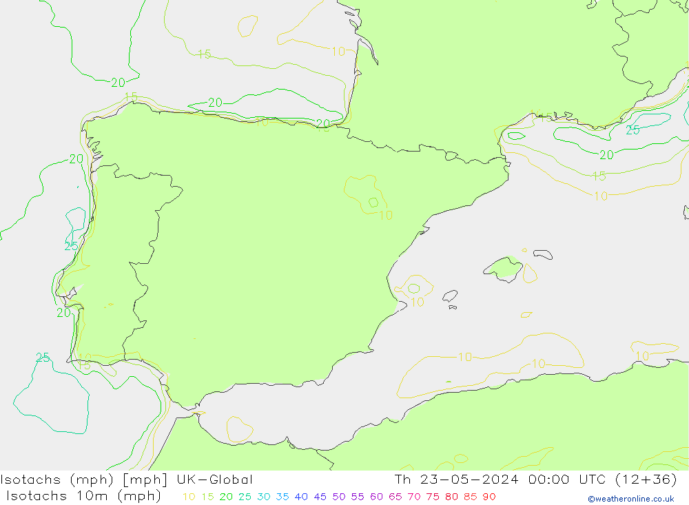 Isotachs (mph) UK-Global Čt 23.05.2024 00 UTC
