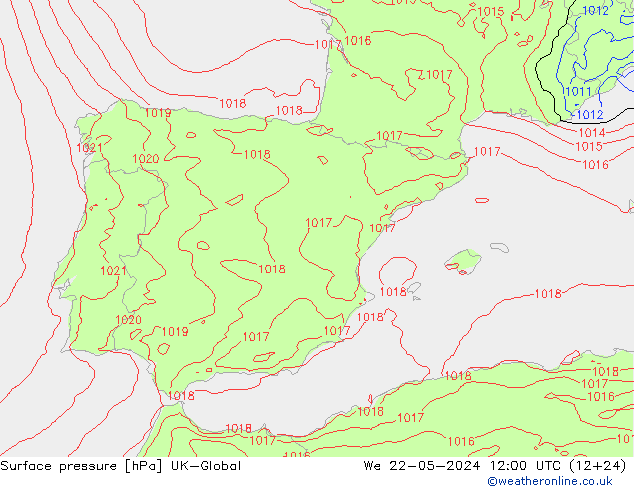 Presión superficial UK-Global mié 22.05.2024 12 UTC