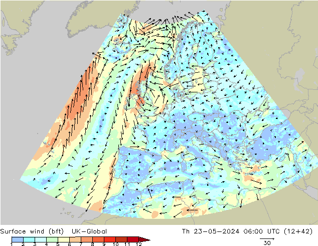 Surface wind (bft) UK-Global Th 23.05.2024 06 UTC