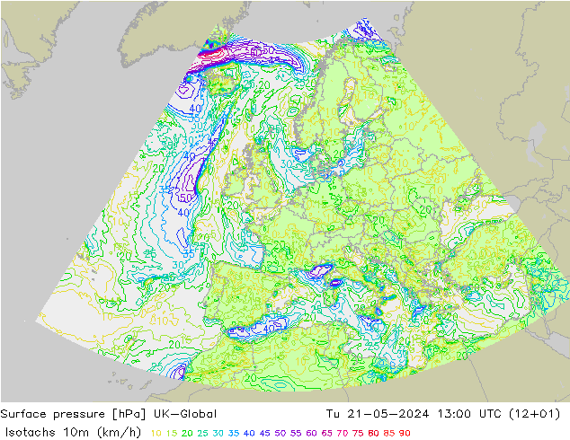 Eşrüzgar Hızları (km/sa) UK-Global Sa 21.05.2024 13 UTC
