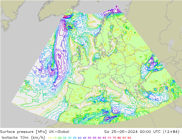 Eşrüzgar Hızları (km/sa) UK-Global Cts 25.05.2024 00 UTC