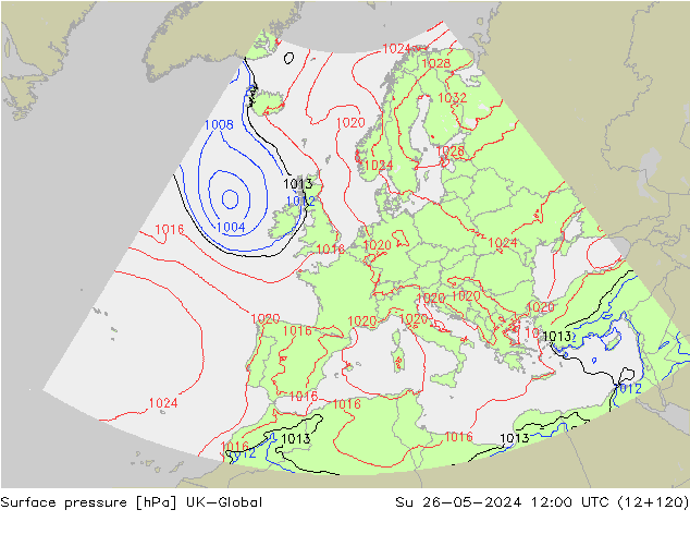 Pressione al suolo UK-Global dom 26.05.2024 12 UTC