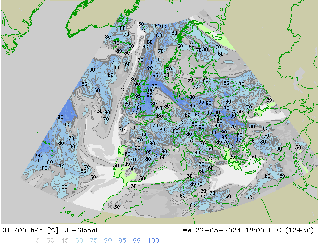 Humidité rel. 700 hPa UK-Global mer 22.05.2024 18 UTC