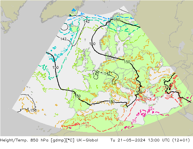 Height/Temp. 850 hPa UK-Global Di 21.05.2024 13 UTC