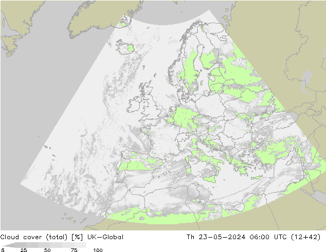 Cloud cover (total) UK-Global Čt 23.05.2024 06 UTC