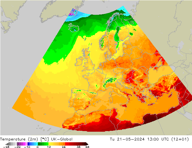Temperaturkarte (2m) UK-Global Di 21.05.2024 13 UTC