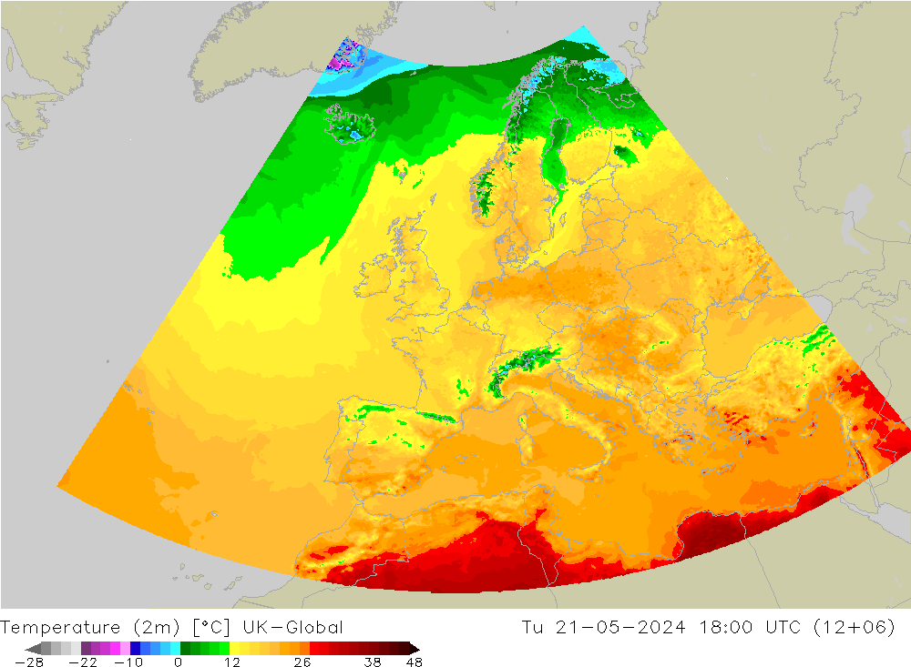 Temperaturkarte (2m) UK-Global Di 21.05.2024 18 UTC