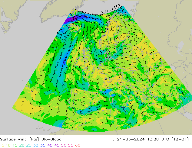 Viento 10 m UK-Global mar 21.05.2024 13 UTC