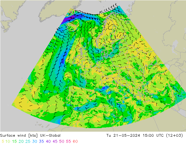 Surface wind UK-Global Út 21.05.2024 15 UTC