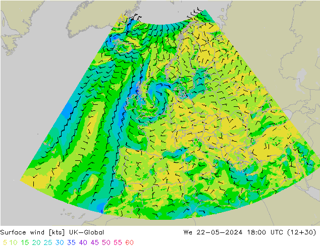 Surface wind UK-Global We 22.05.2024 18 UTC