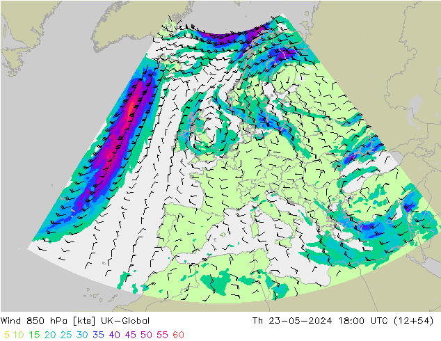 Wind 850 hPa UK-Global Do 23.05.2024 18 UTC