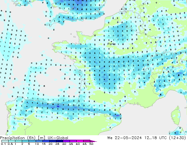 Precipitazione (6h) UK-Global mer 22.05.2024 18 UTC