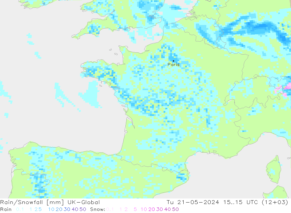 Rain/Snowfall UK-Global Út 21.05.2024 15 UTC