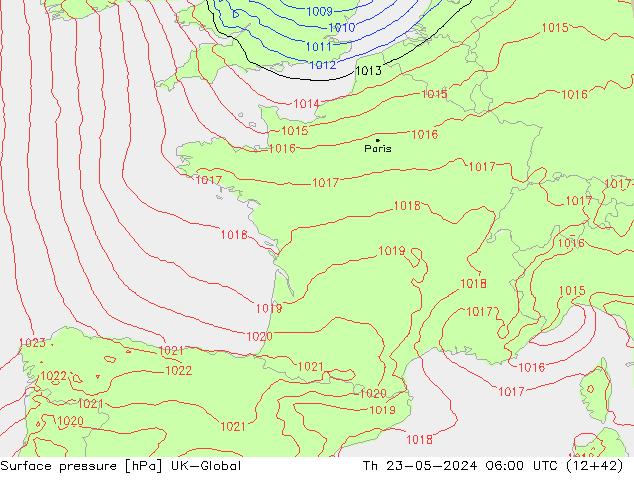 Presión superficial UK-Global jue 23.05.2024 06 UTC