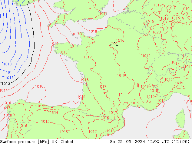 Pressione al suolo UK-Global sab 25.05.2024 12 UTC