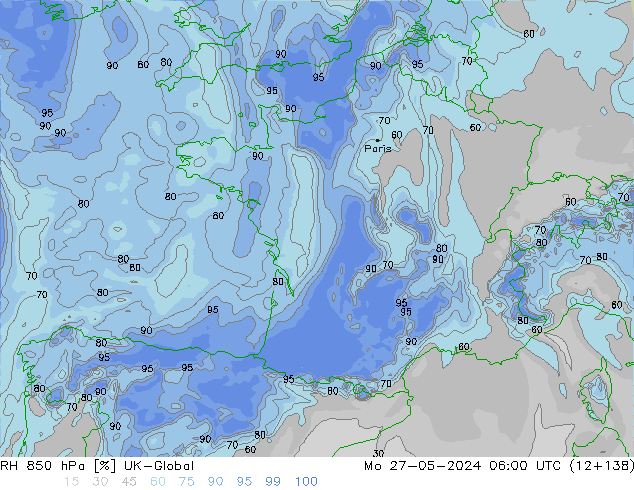 Humidité rel. 850 hPa UK-Global lun 27.05.2024 06 UTC