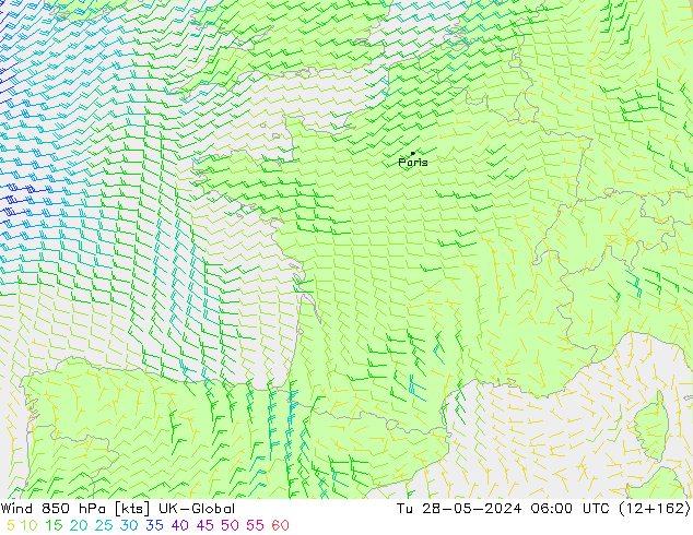 Wind 850 hPa UK-Global Út 28.05.2024 06 UTC