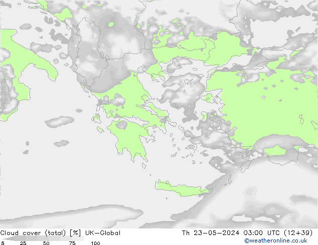 Cloud cover (total) UK-Global Čt 23.05.2024 03 UTC