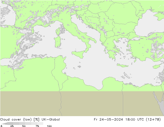 Cloud cover (low) UK-Global Fr 24.05.2024 18 UTC