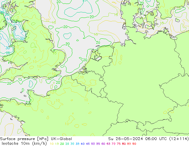 Isotachs (kph) UK-Global Su 26.05.2024 06 UTC
