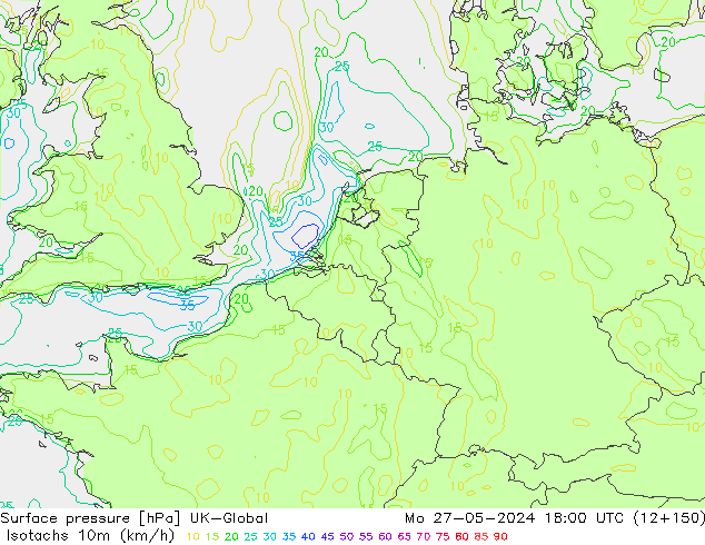 Isotachen (km/h) UK-Global ma 27.05.2024 18 UTC