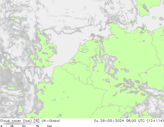 Cloud cover (low) UK-Global Su 26.05.2024 06 UTC
