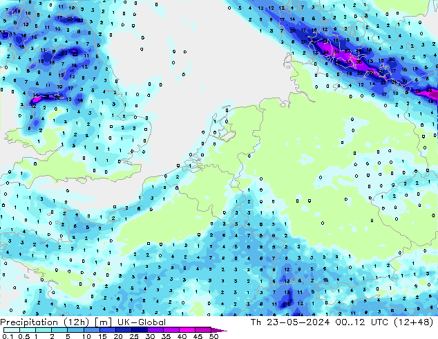 Precipitation (12h) UK-Global Čt 23.05.2024 12 UTC