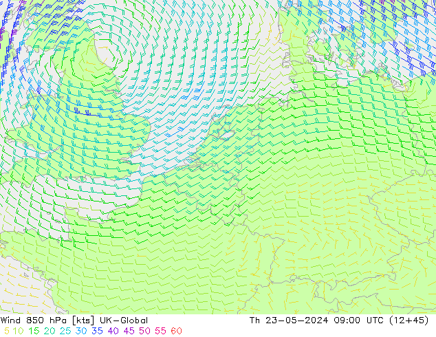 Wind 850 hPa UK-Global Th 23.05.2024 09 UTC