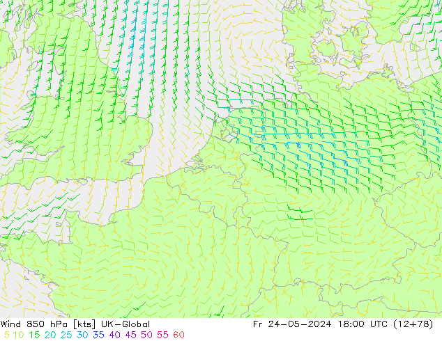 Wind 850 hPa UK-Global Fr 24.05.2024 18 UTC