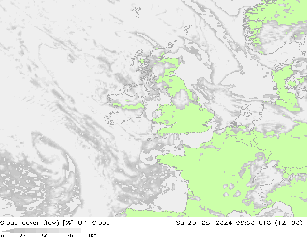 Bewolking (Laag) UK-Global za 25.05.2024 06 UTC
