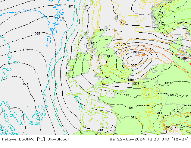 Theta-e 850hPa UK-Global mer 22.05.2024 12 UTC