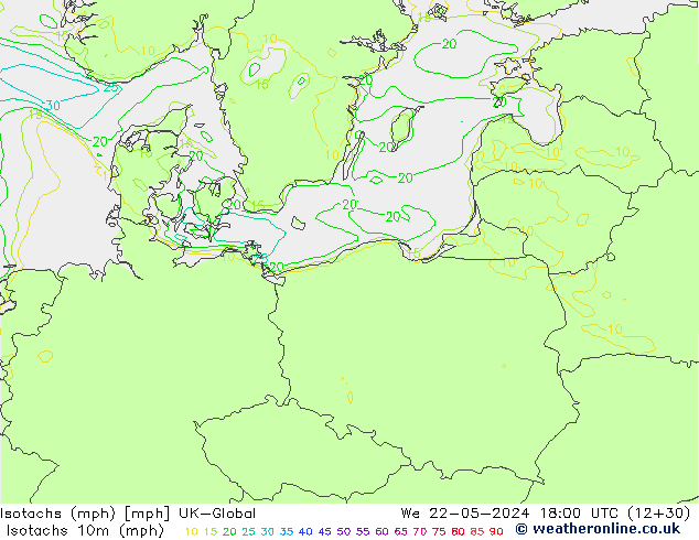 Izotacha (mph) UK-Global śro. 22.05.2024 18 UTC