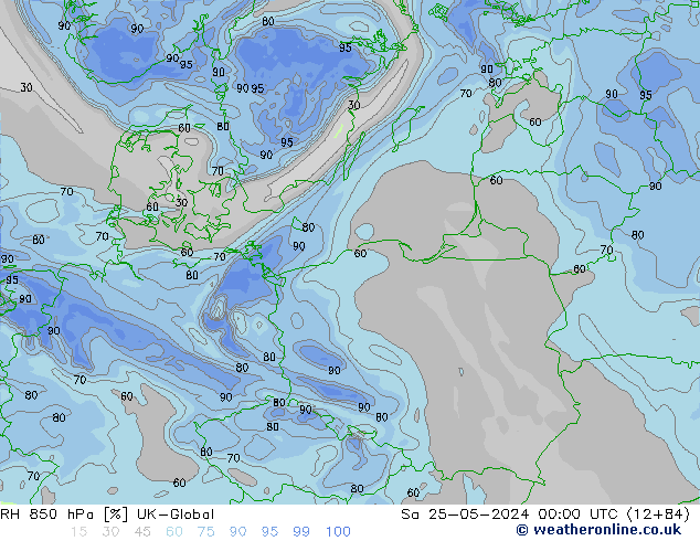 Humidité rel. 850 hPa UK-Global sam 25.05.2024 00 UTC