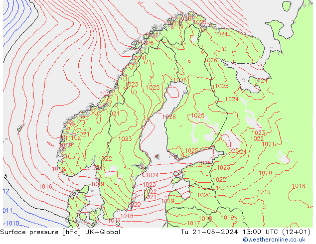 地面气压 UK-Global 星期二 21.05.2024 13 UTC