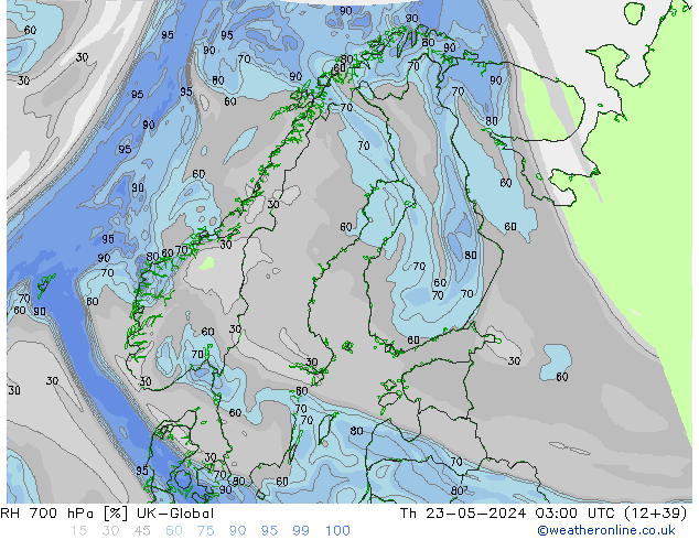 Humedad rel. 700hPa UK-Global jue 23.05.2024 03 UTC