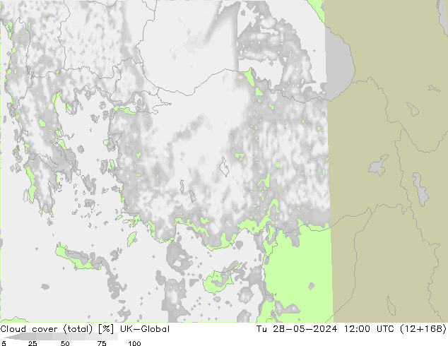 Cloud cover (total) UK-Global Tu 28.05.2024 12 UTC