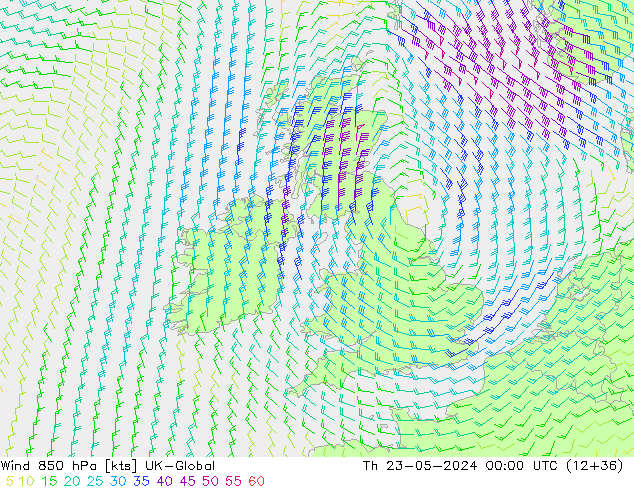 Wind 850 hPa UK-Global Th 23.05.2024 00 UTC